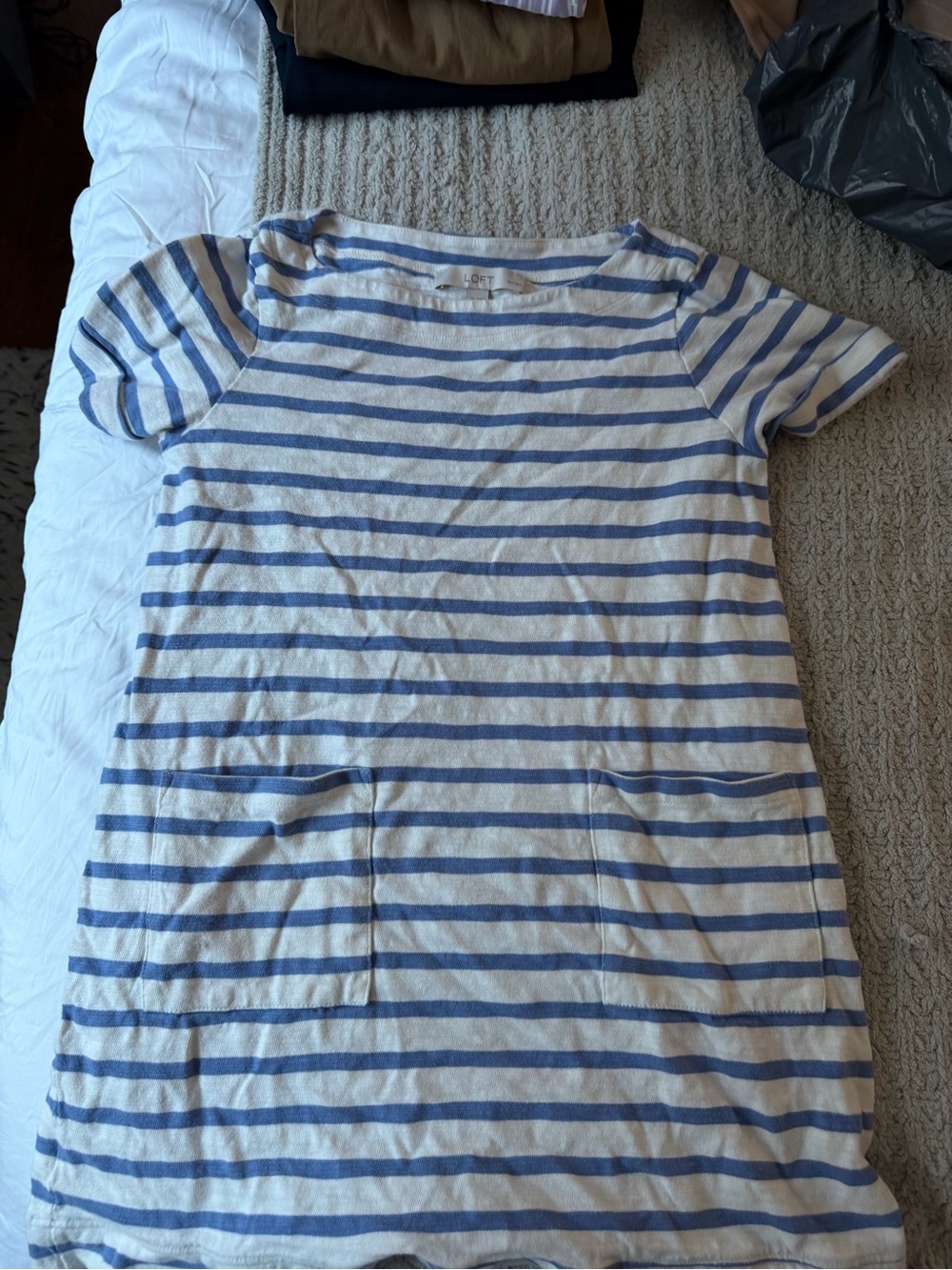 LOFT Blue and White Striped Short Sleeve Pocket Tee